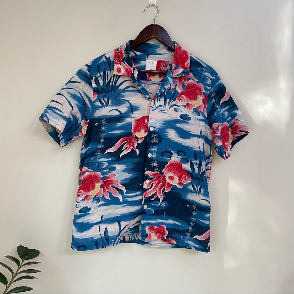 Sandro Paris Men’s Goldfish Print Button Up Short Sleeve Size Large